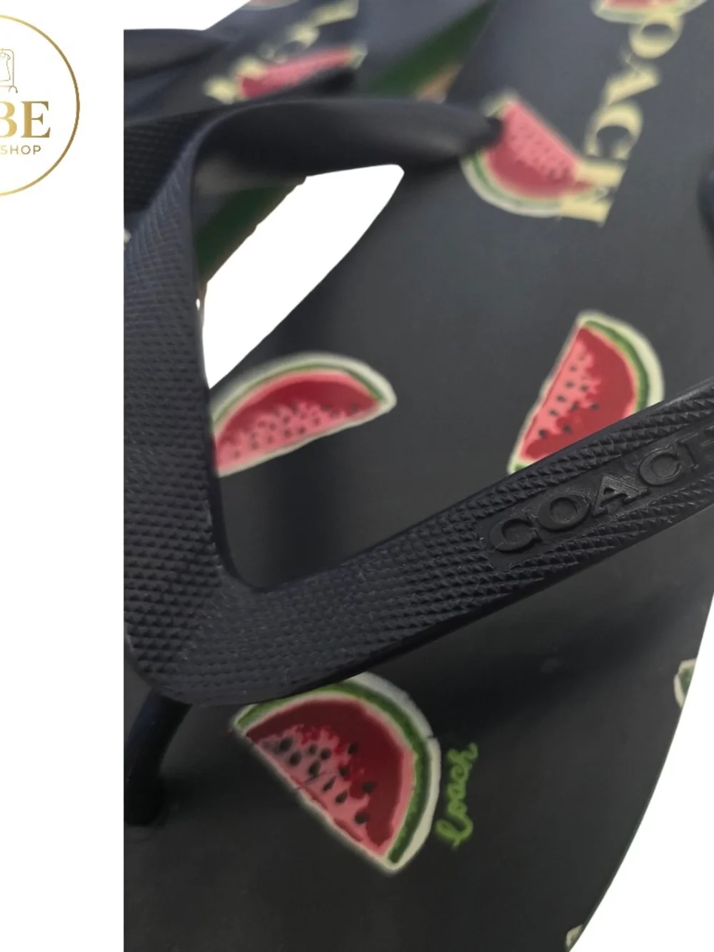 Coach Black Flip Flops with Pink & Green Watermelon Motif